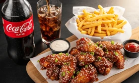 16 alitas (salsa a elección) + papas frita + gaseosa de 1 Litro