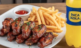 8 alitas (salsa a elección) + papas frita + gaseosa de 1 Litro