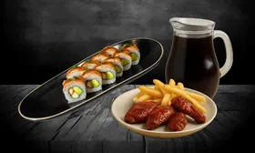 Combo de Makis: 10 Cortes + 4 Alitas, Papas Fritas y Chicha Morada 500ml