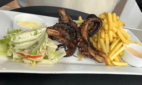 Pulpo a la parrilla + pisco sour + papas fritas + ensalada y más